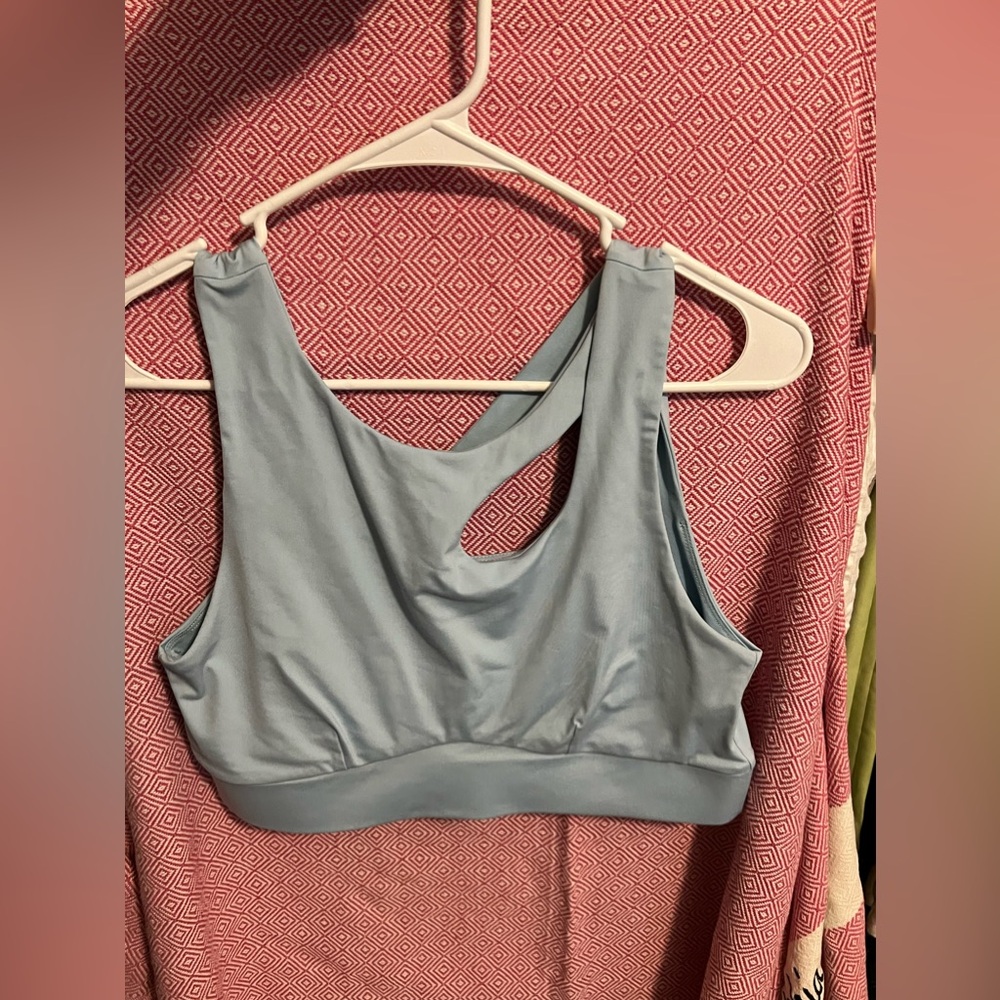 powder blue strappy fabletics sports bra